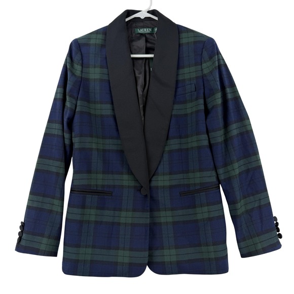 Lauren Ralph Lauren Jackets & Blazers - Lauren Ralph Lauren Blazer Womens 4 Blue Plaid Tuxedo Shawl Collar Jacket NWT